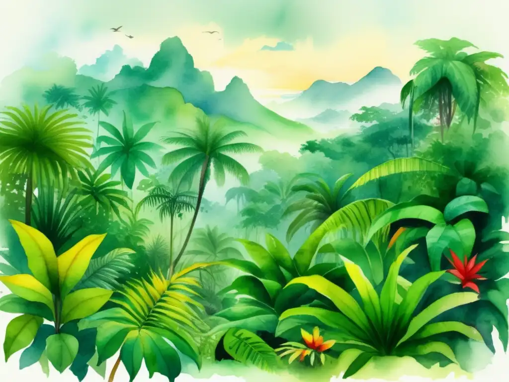 Lush tropical rainforest with diverse, vibrant plants