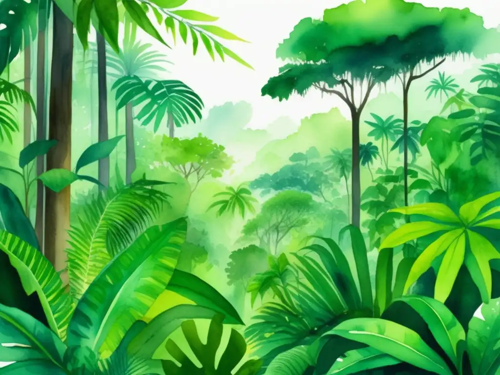 Ilustración acuarela detallada de una exuberante selva tropical con adaptaciones de plantas en la selva húmeda