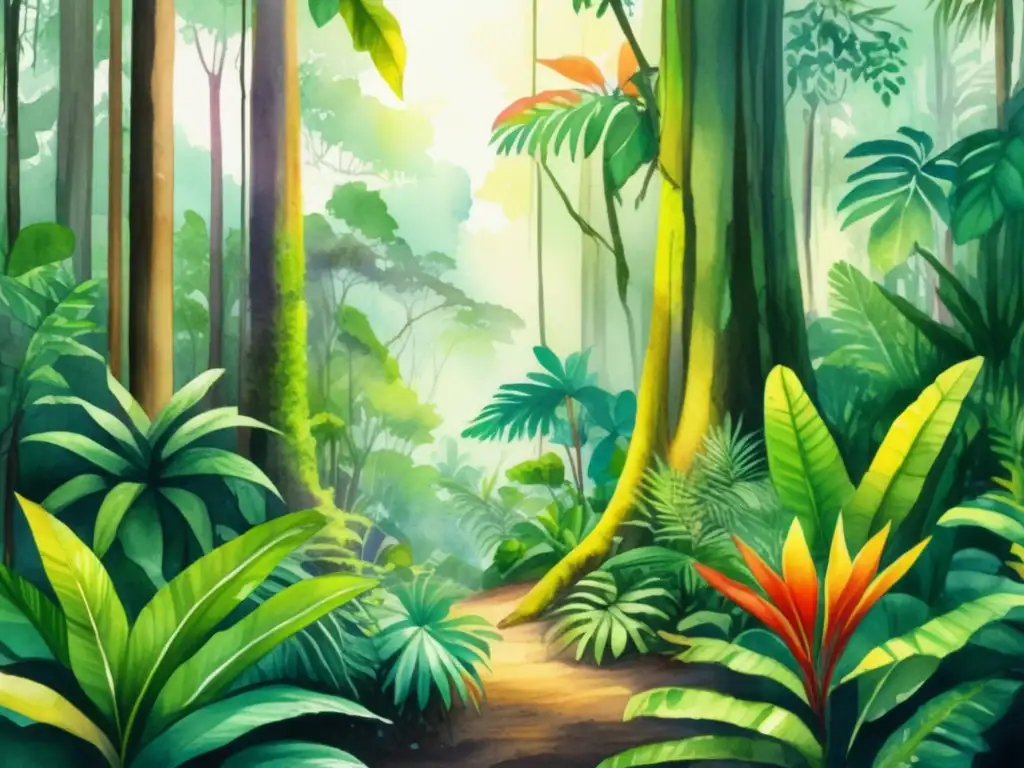 Ilustración acuarela detallada de selva tropical con plantas sagradas en culturas indígenas