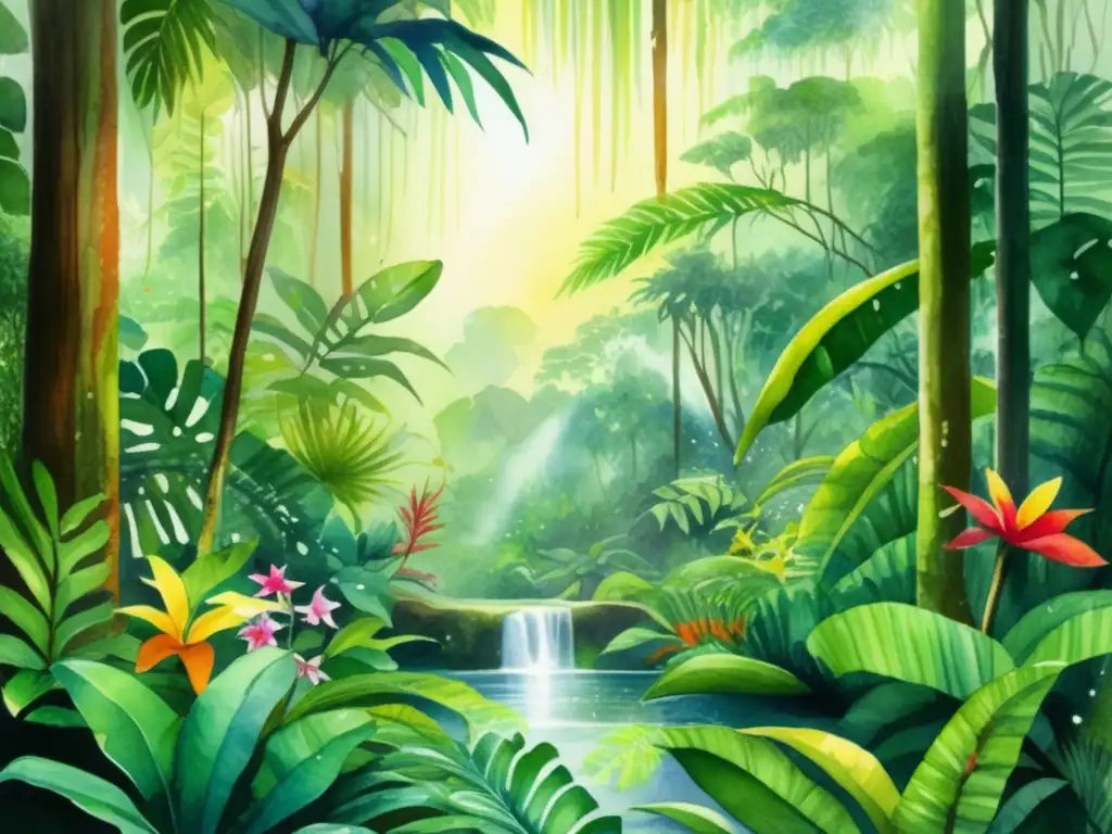 Impacto cambio climático en plantas húmedas: escena vibrante de selva tropical con plantas, flores, cascada y río cristalino