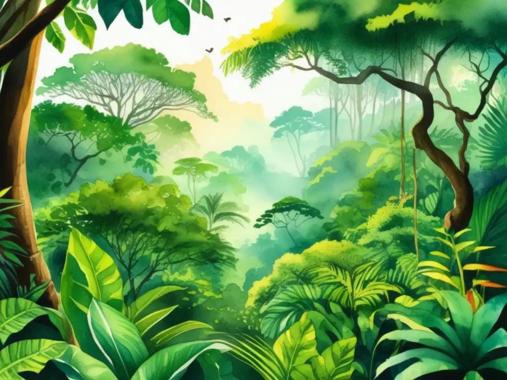 Ilustración acuarela detallada de selva tropical densa con adaptación de plantas en competencia por nutrientes