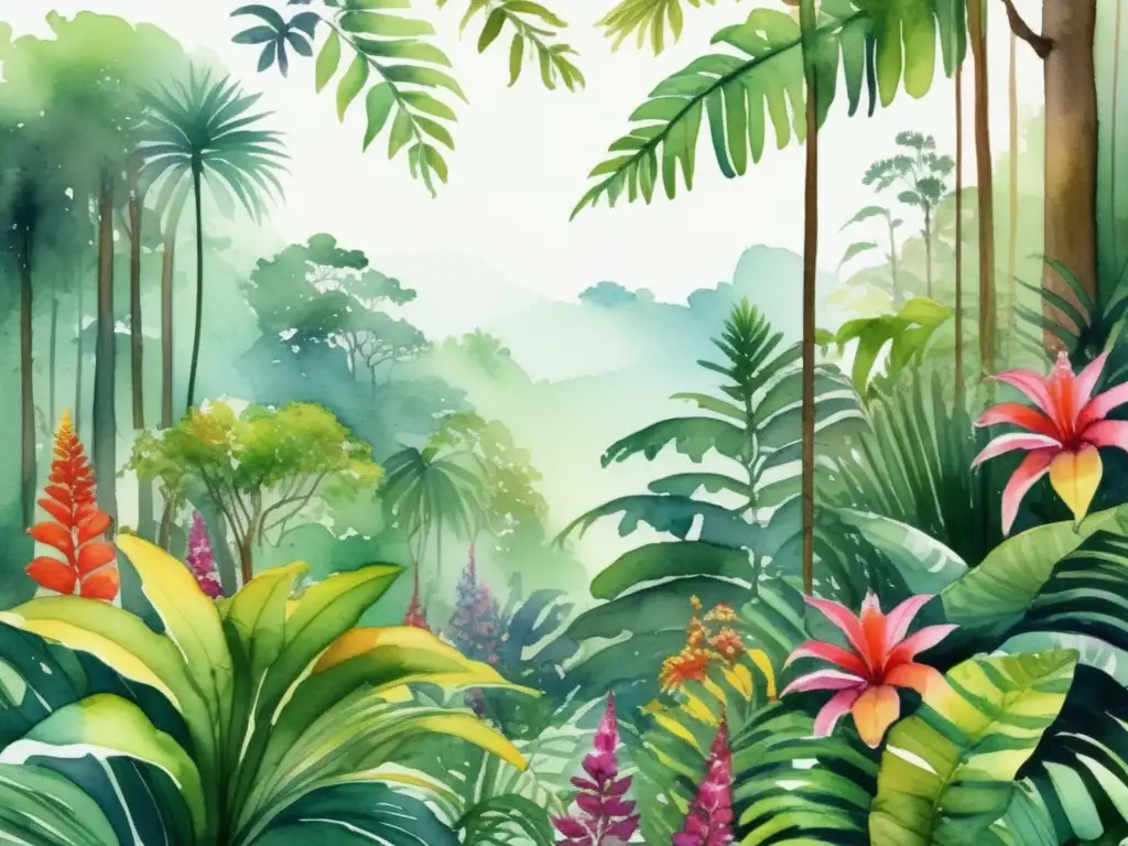 Ilustración acuarela de un exuberante bosque tropical lleno de vida vegetal, con árboles altos, flores coloridas, enredaderas y una atmósfera etérea