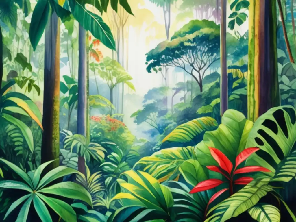 Pintura detallada de una exuberante selva tropical con plantas y animales, destacando la importancia de las plantas tropicales para la fauna