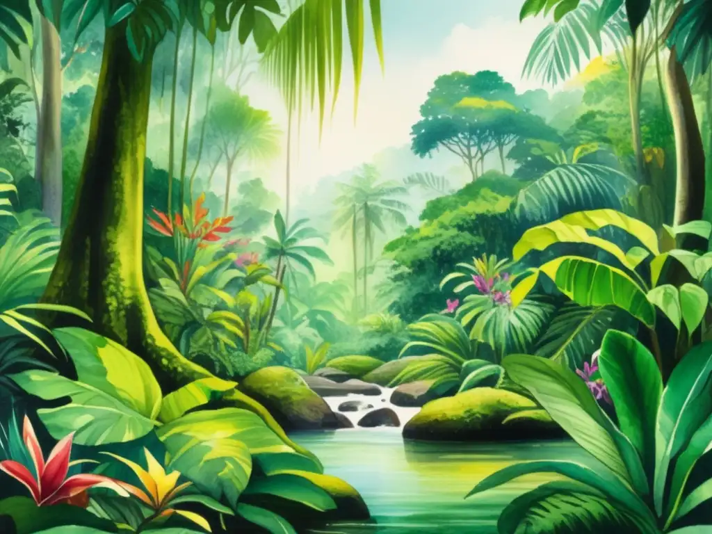 Plantas exóticas selvas tropicales, pintura acuarela detallada de una escena de jungla tropical