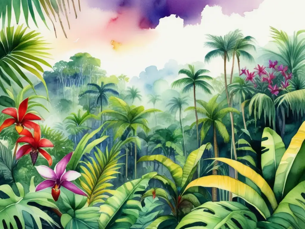 Ilustración acuarela detallada de selva tropical con plantas exóticas