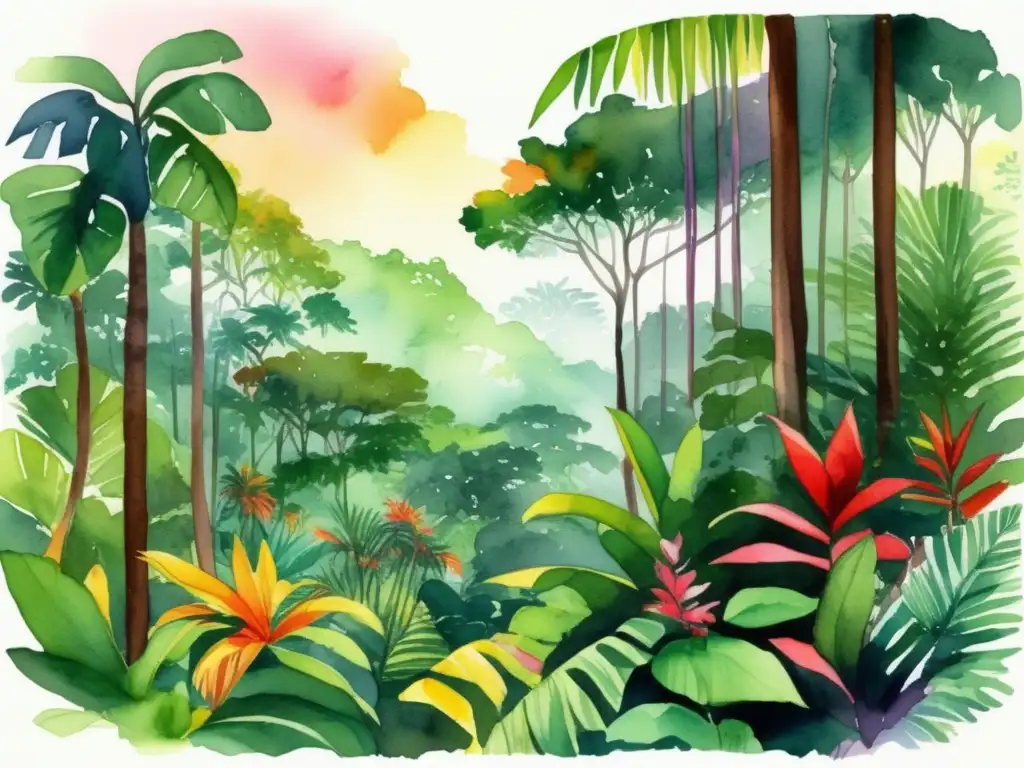 Ilustración vibrante de una exuberante selva tropical en América Latina con plantas tropicales de gran biodiversidad y significado cultural