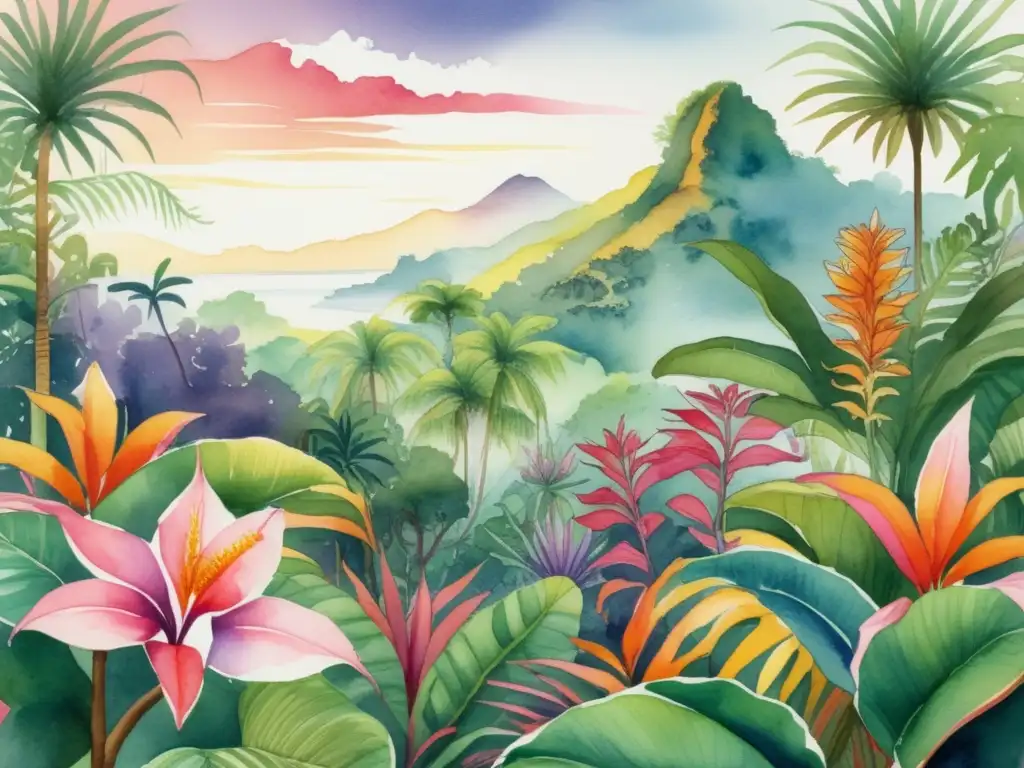 Ilustración acuarela detallada de una exuberante selva tropical en Oceanía, con plantas vibrantes