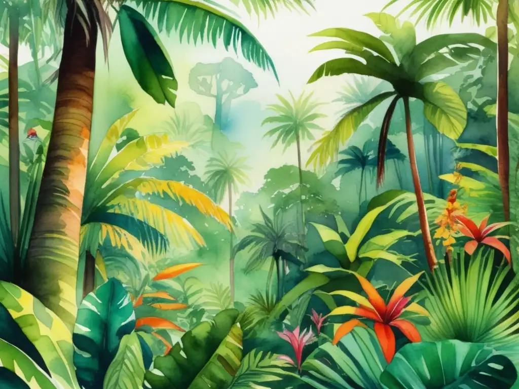 Ilustración acuarela detallada de una exuberante selva tropical, llena de vida