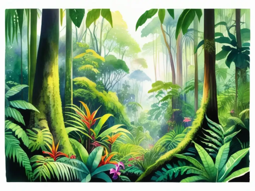 Pintura detallada de selva tropical con plantas en peligro de extinción