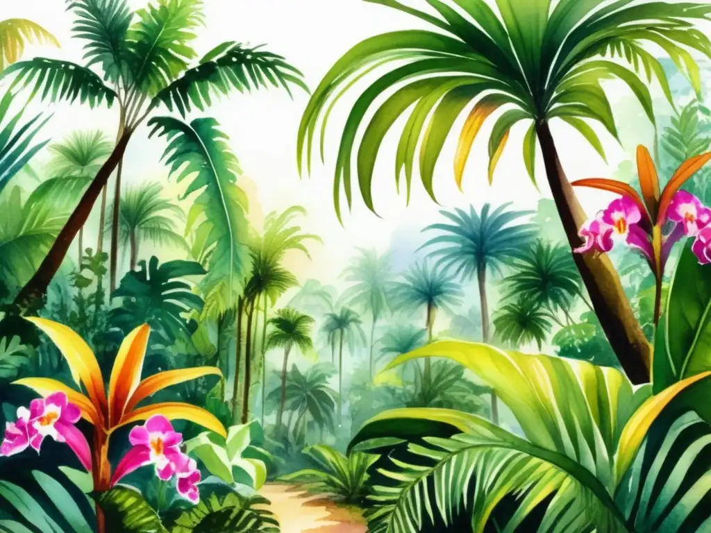 Beneficios de plantas tropicales: Selva exuberante con palmeras, orquídeas y vida silvestre, refugio de plantas medicinales