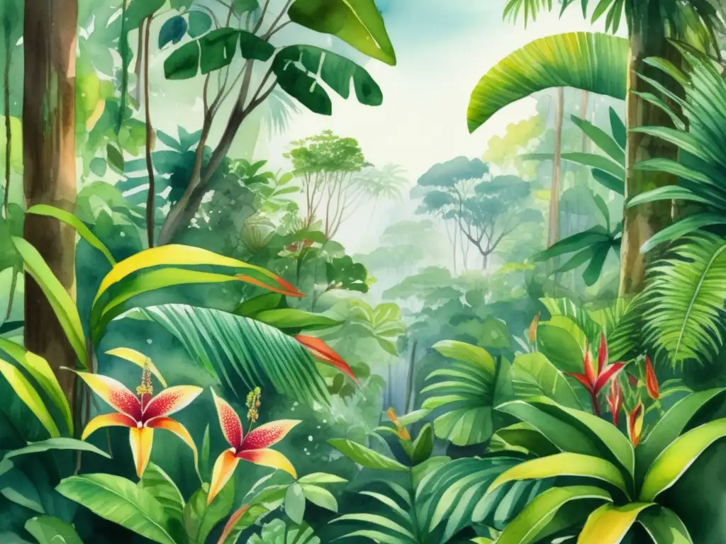 Ilustración acuarela detallada de una exuberante selva tropical, con vegetación verde vibrante y una diversidad de plantas