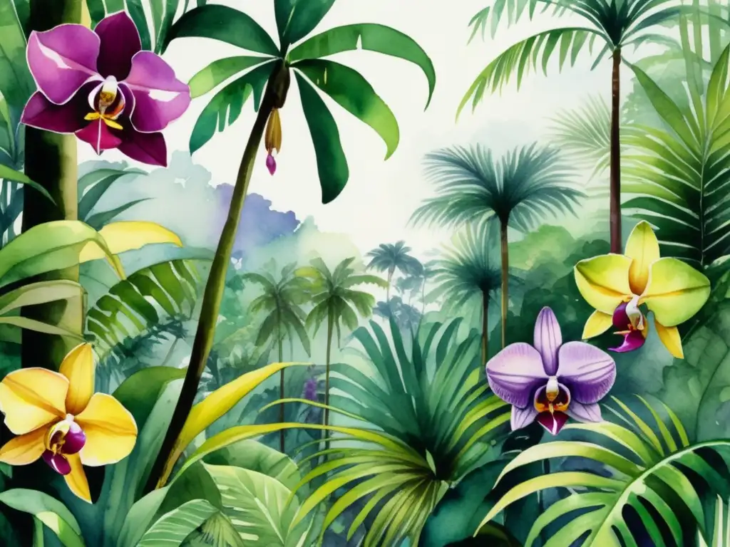 Plantas exóticas en literatura de viajes: Una imagen detallada muestra un frondoso bosque tropical lleno de especies de plantas exóticas