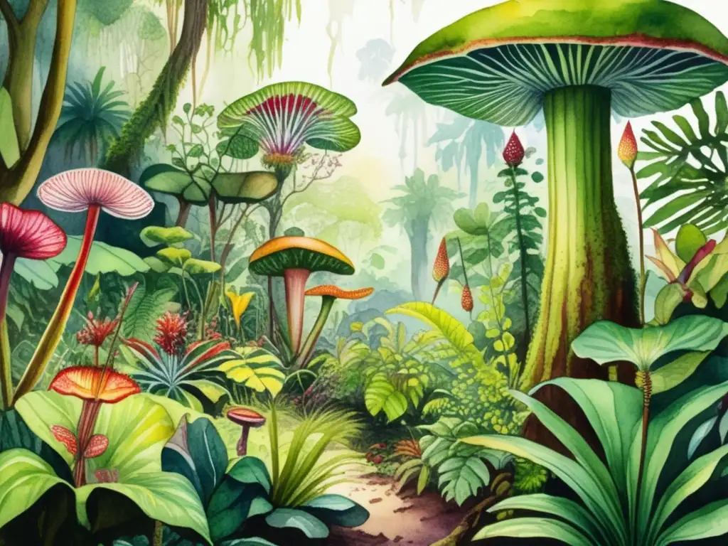 Ilustración detallada de una exuberante selva tropical con árboles altos, flores coloridas y plantas carnívoras adaptadas a hábitats difíciles