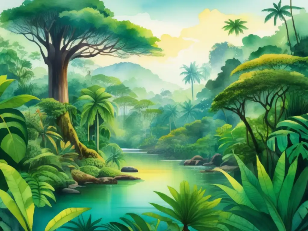 Ilustración detallada de una exuberante selva tropical con diversidad de vida vegetal y animal