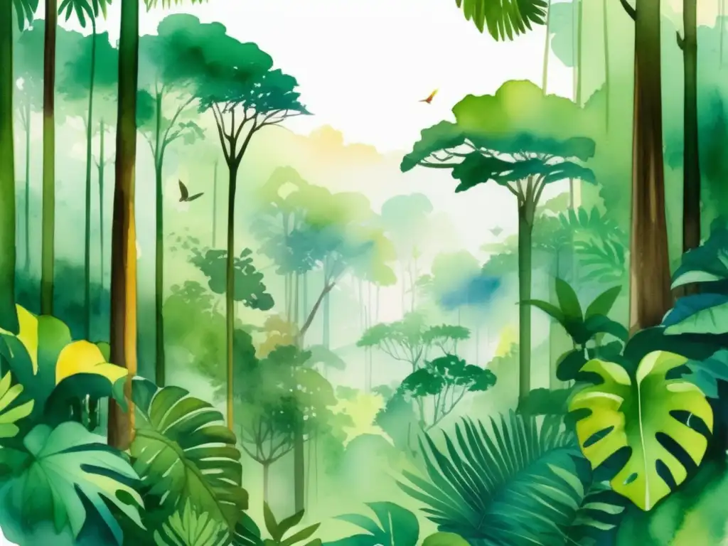 Beneficios climáticos de plantas bosque tropicales: Ilustración vibrante acuarela de un exuberante bosque tropical lleno de vida