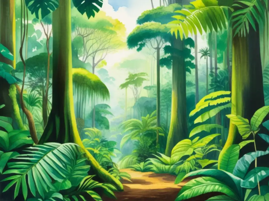 Fotosíntesis en hábitats diversos: pintura detallada de una exuberante selva tropical con árboles imponentes, plantas tropicales y aves vibrantes