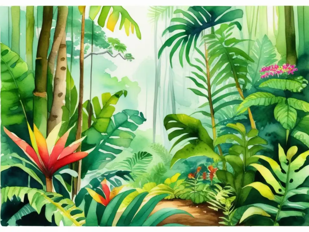 Adaptación de plantas a ambientes diversos en vibrante ilustración acuarela de selva tropical llena de vida