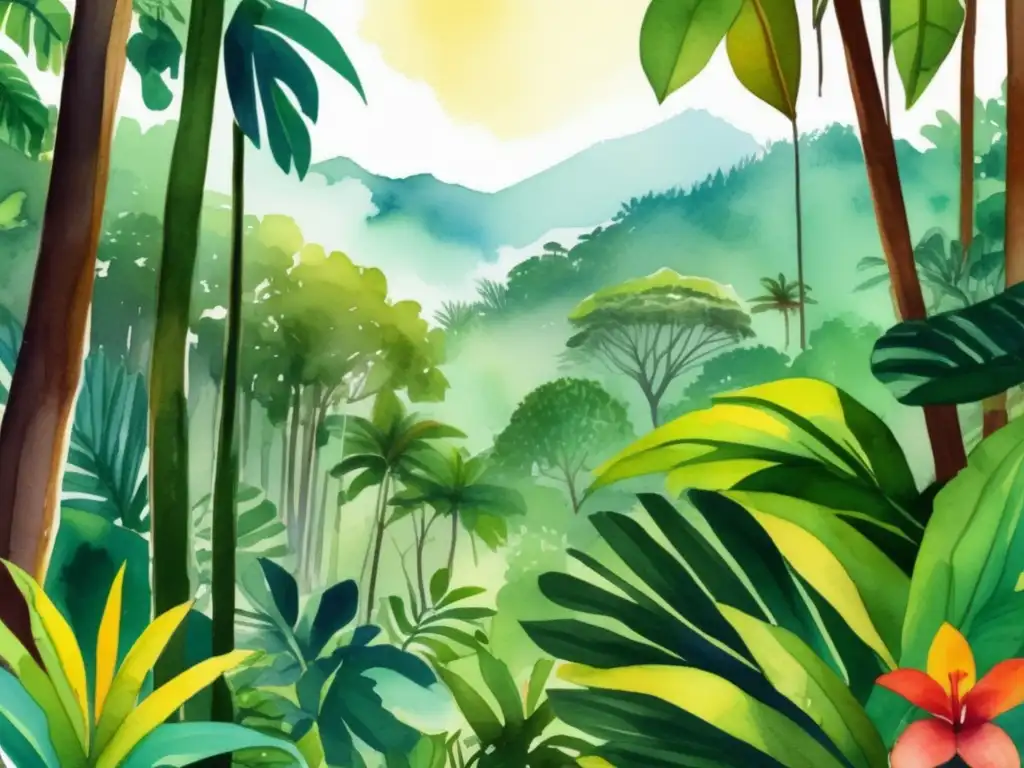 Ilustración acuarela vibrante de selva tropical en América Latina - Importancia cultural plantas selvas tropicales América Latina