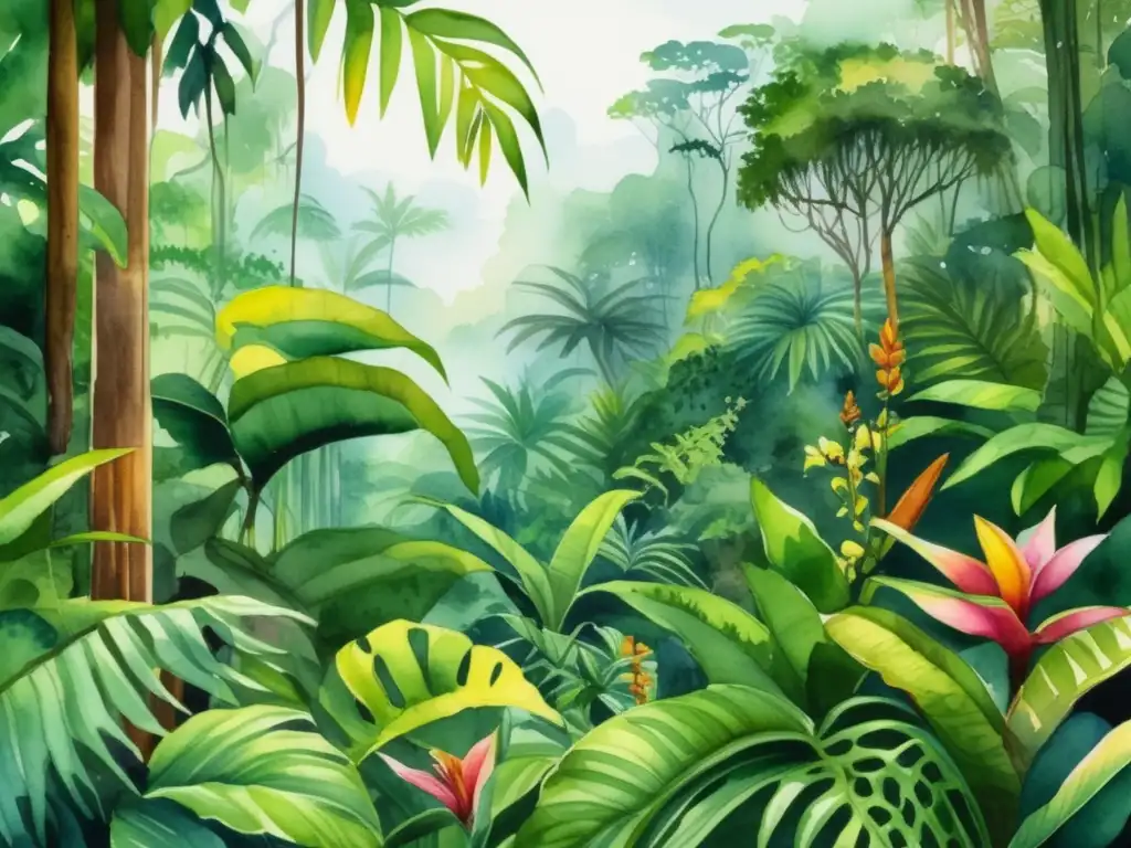 Pintura acuarela de una selva tropical con adaptaciones de plantas a climas