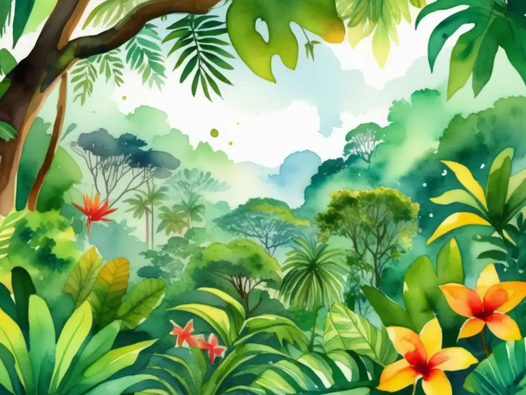 Adaptaciones de plantas tropicales en ilustración vibrante de una exuberante selva, con plantas medicinales y comestibles, dosel verde filtrando luz