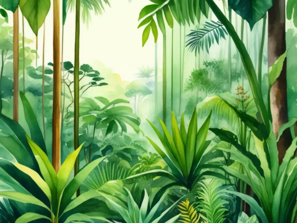 Ilustración acuarela de bosque tropical con plantas medicinales