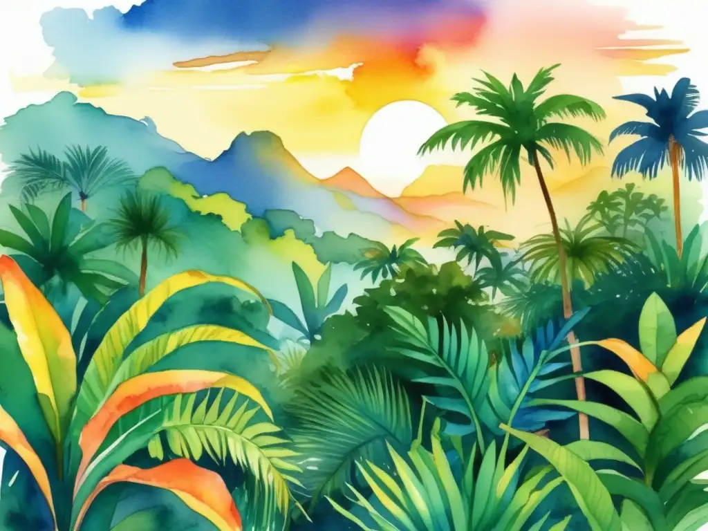 Ilustración acuarela vibrante de un exuberante bosque tropical al atardecer