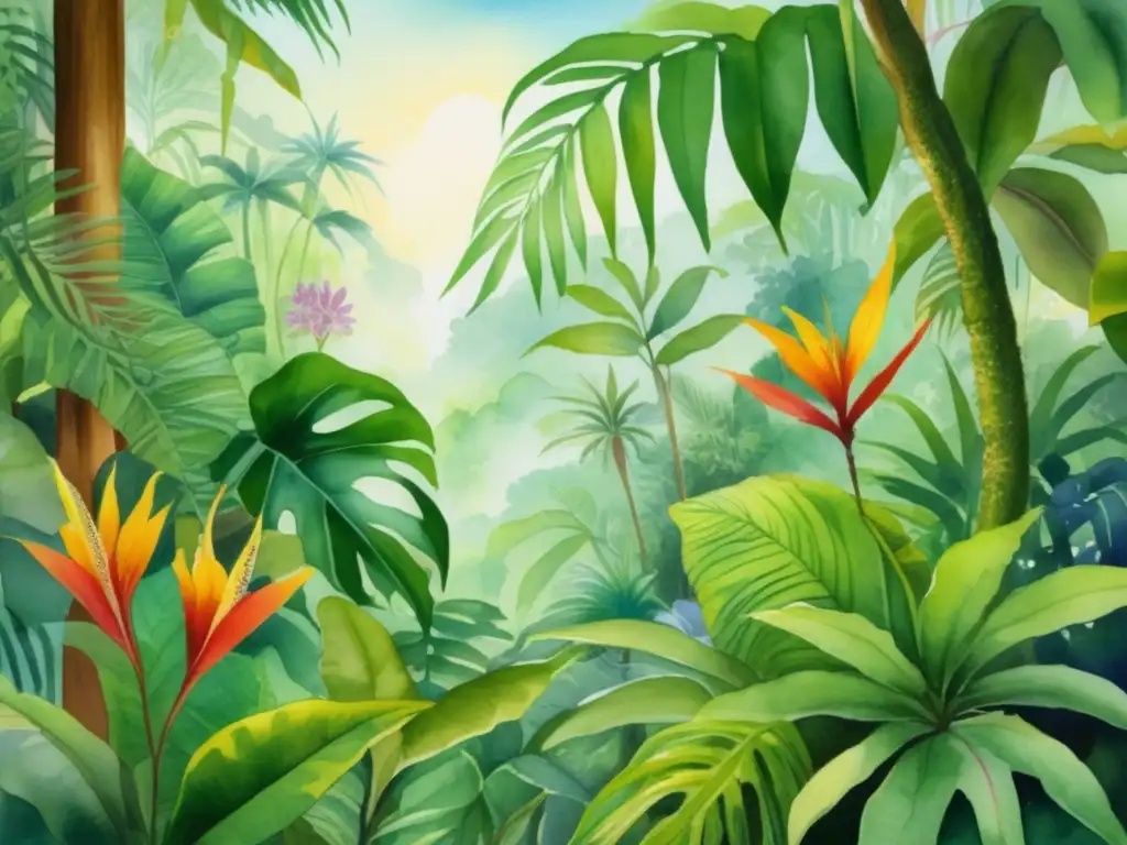 Pintura acuarela de selva tropical con plantas medicinales para biotecnología