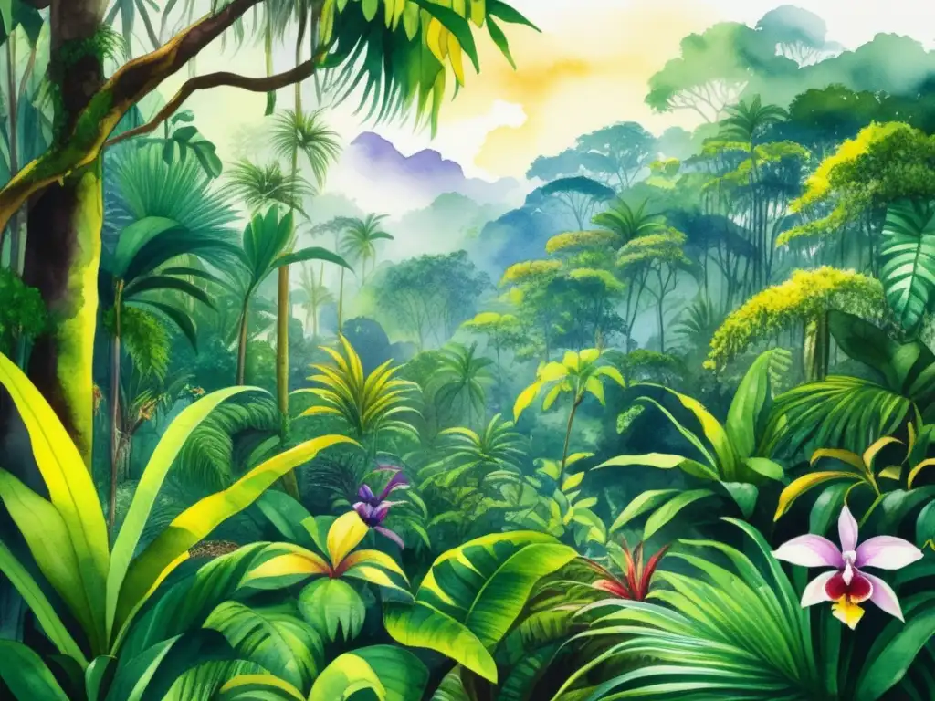 Ilustración acuarela: Bosque tropical exuberante con plantas medicinales en prácticas chamánicas