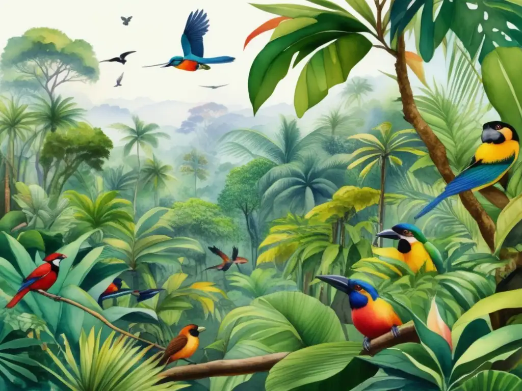 Escena de bosque tropical con aves y plantas: Importancia dispersión semillas por aves