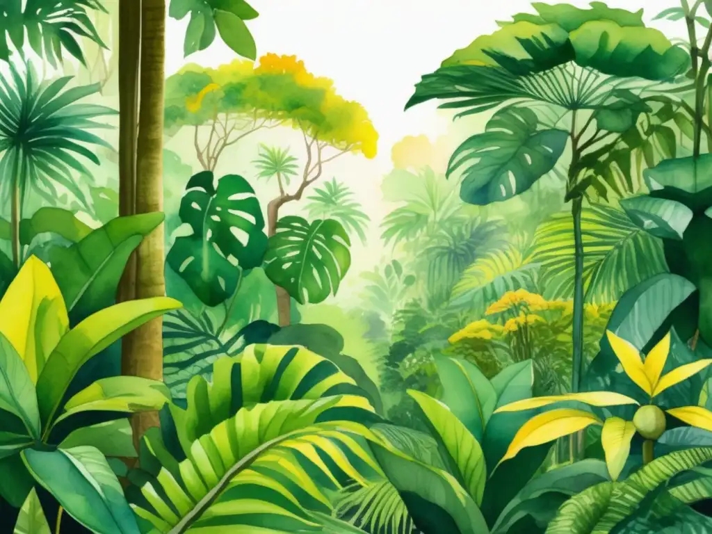 Ilustración detallada de una selva tropical con diversidad de plantas y fotosíntesis en hábitats diversos