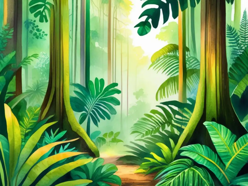 Ilustración acuarela de selva tropical exuberante, con árboles gigantes, flores y fauna