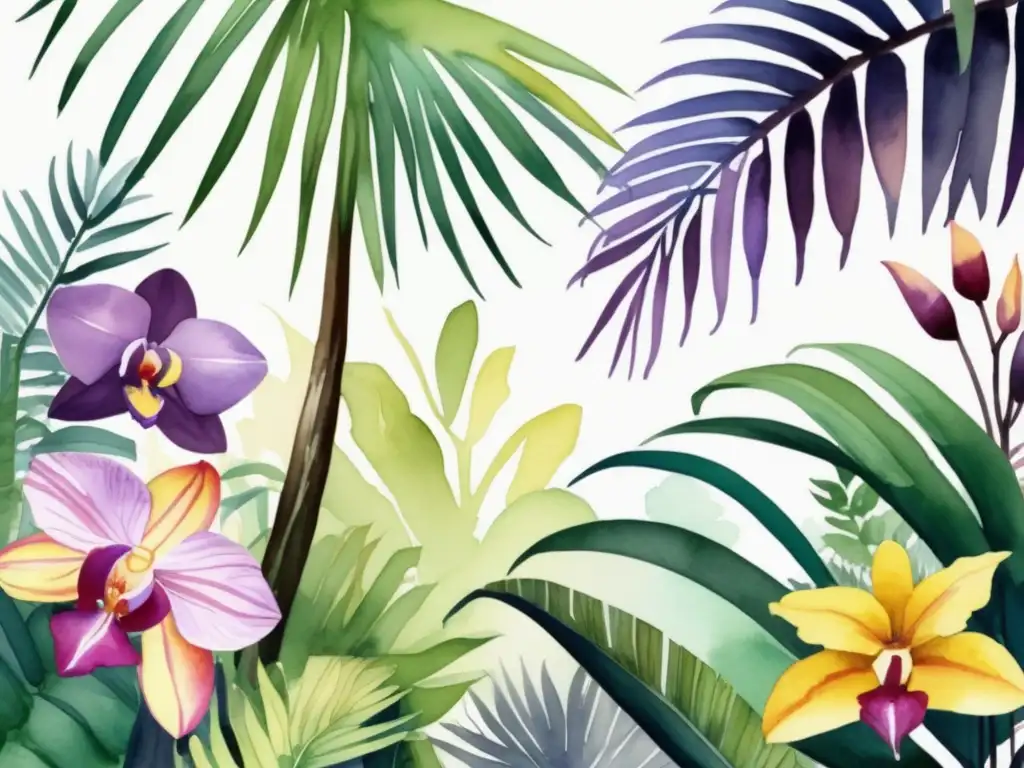 Ilustración acuarela: Selva tropical exótica con plantas vibrantes y exuberantes