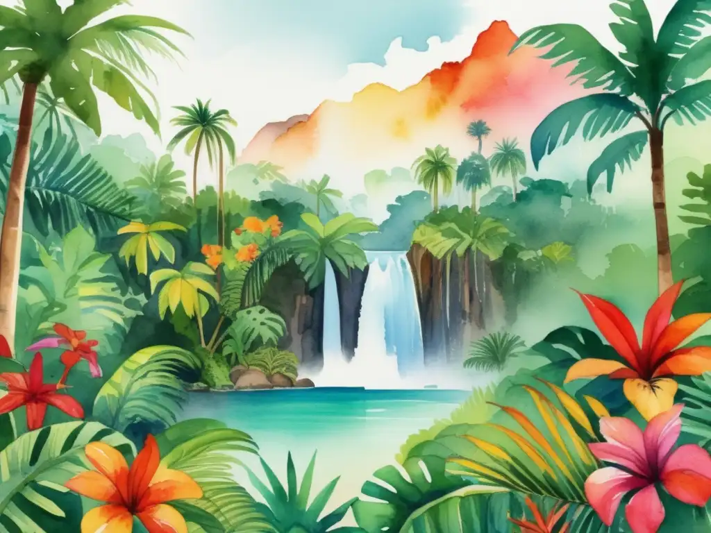 Ilustración acuarela de exuberante selva tropical en América Latina con plantas tropicales diversidad y hermosos colores