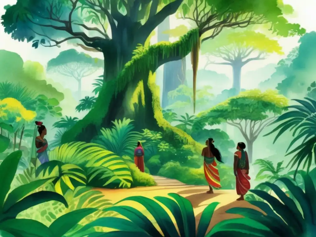 Ilustración acuarela de selva tropical exuberante con plantas vibrantes y nativos alrededor de planta sagrada