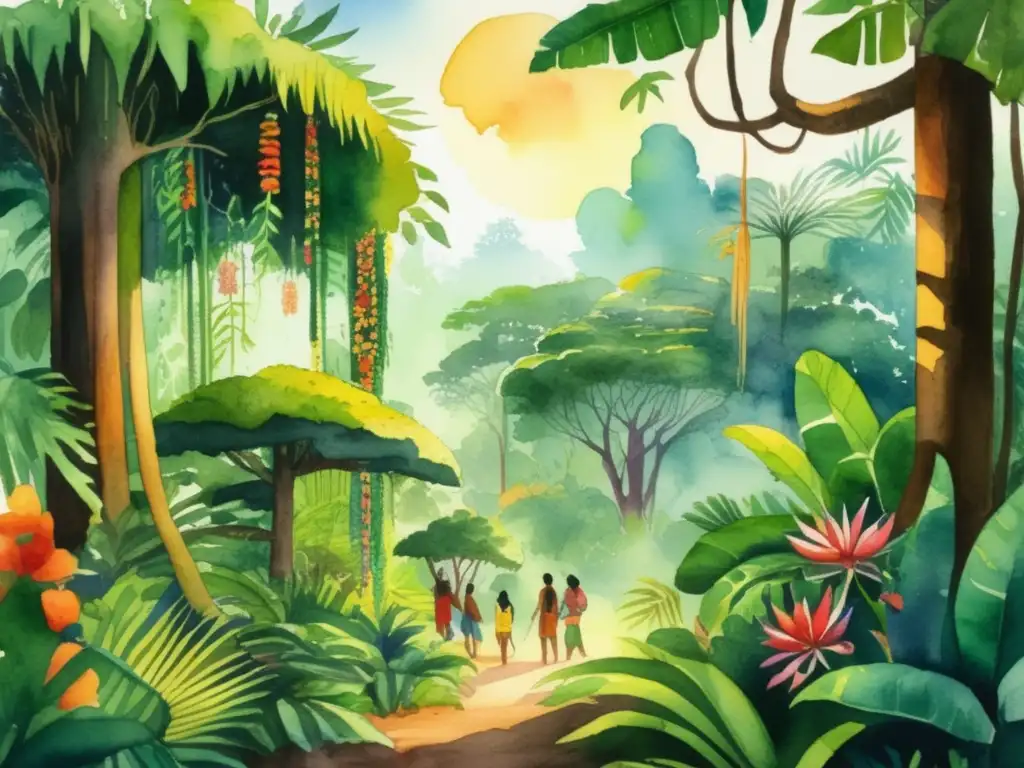 Ilustración acuarela de selva tropical en América Latina, con plantas sagradas y chamanismo