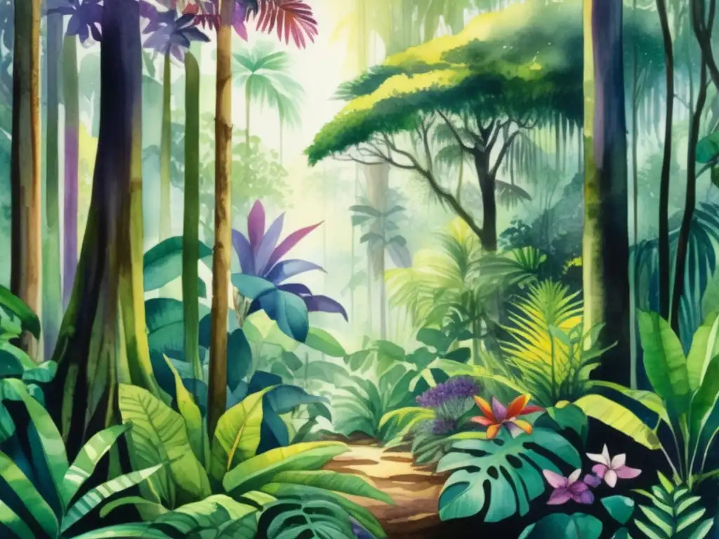 Bosque tropical vibrante con plantas en peligro