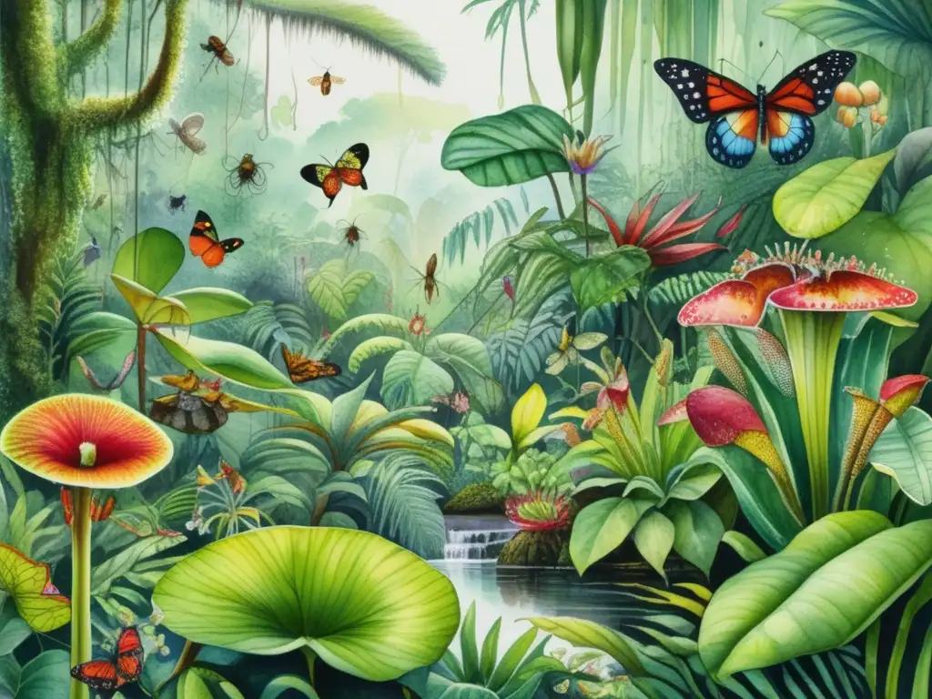 Comunicación y respuesta de plantas carnívoras en un vibrante y detallado bosque tropical lleno de vida: plantas exóticas, insectos, animales y más