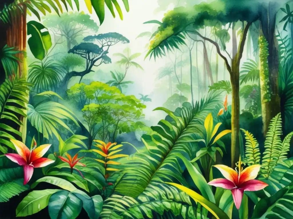 Lush rainforest scene with vibrant flora - Desarrollo de la flora en continentes