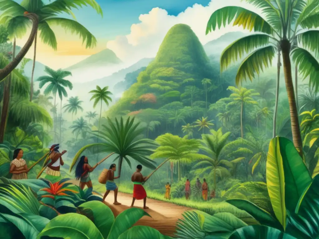 Pintura acuarela detallada de selva tropical con plantas tropicales características y usos