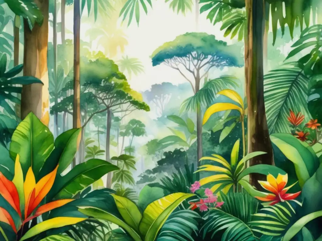 Ilustración acuarela: Selva tropical vibrante con diversa flora