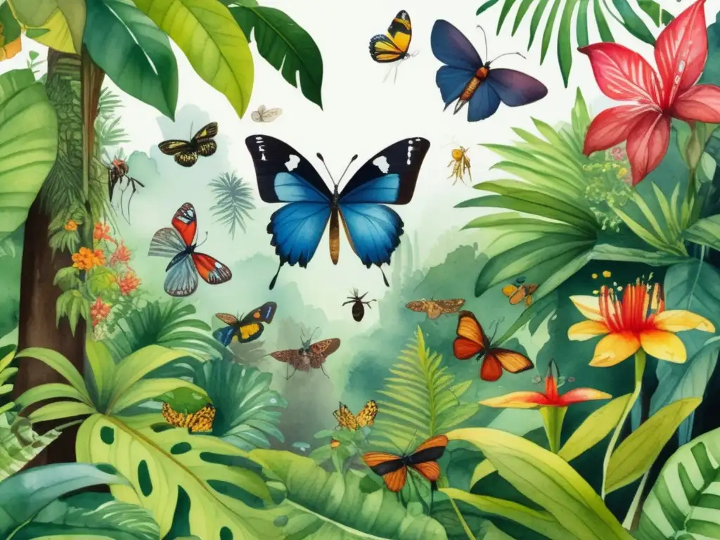 Importancia simbiótica insectos-plantas en exuberante ilustración acuarela de selva tropical