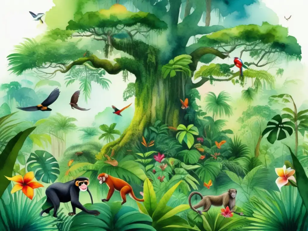 Ilustración acuarela de selva tropical vibrante, con árbol majestuoso, animales y armoniosa simbiosis entre plantas y animales