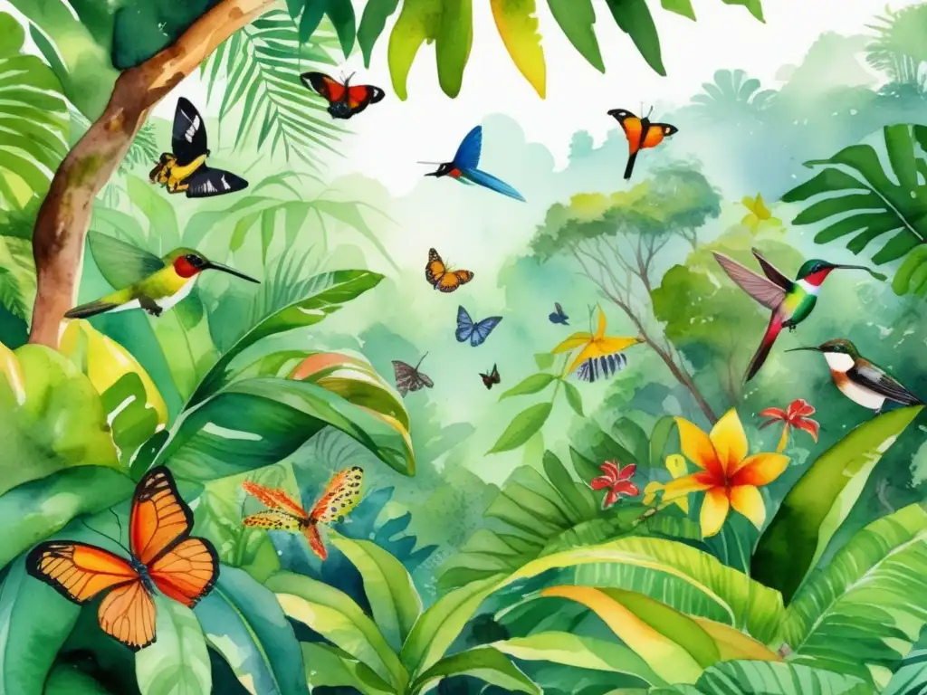 Ilustración vibrante de una selva tropical llena de vida