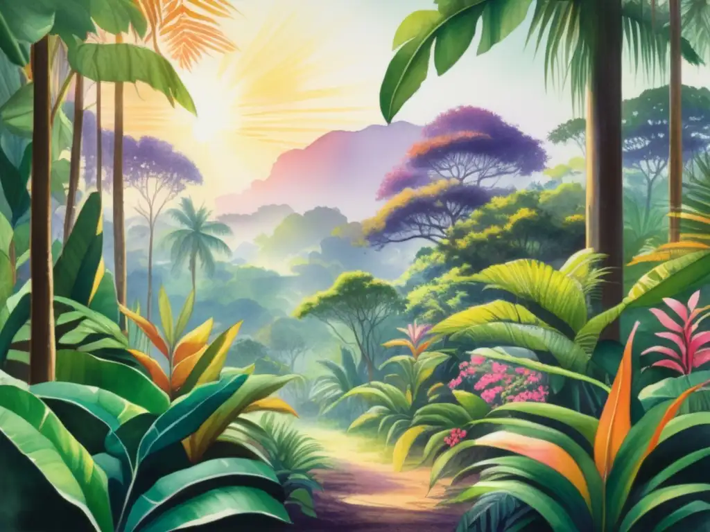 Pintura acuarela detallada de selva tropical con plantas endémicas