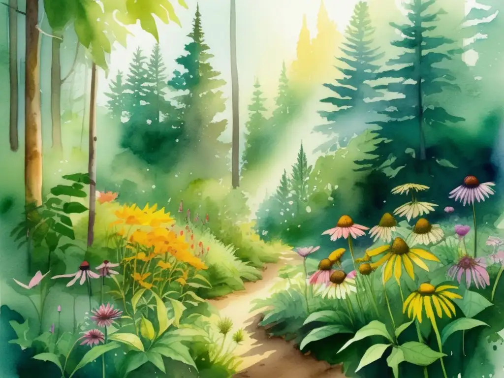 Ilustración acuarela de un bosque verde exuberante con rayos de sol filtrándose a través del denso dosel de árboles