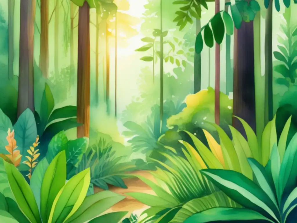 Ilustración acuarela de un frondoso bosque verde, con abundante vegetación y árboles