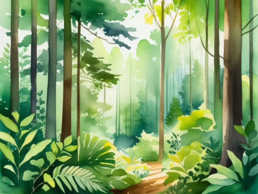 Ilustración acuarela detallada de un exuberante bosque con plantas diversas