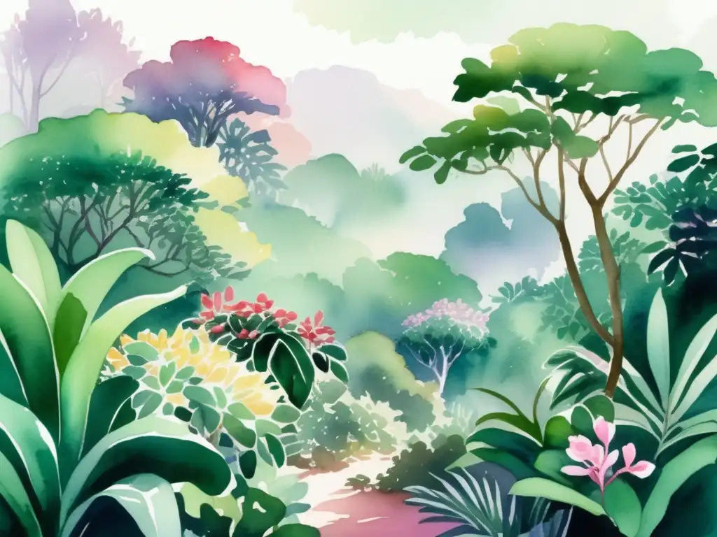 Ilustración vibrante de una exuberante selva vietnamita con plantas de jade y río sereno