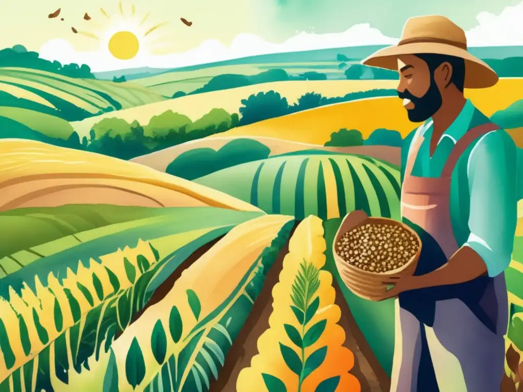 Ilustración acuarela muestra paisaje agrícola diverso y vida