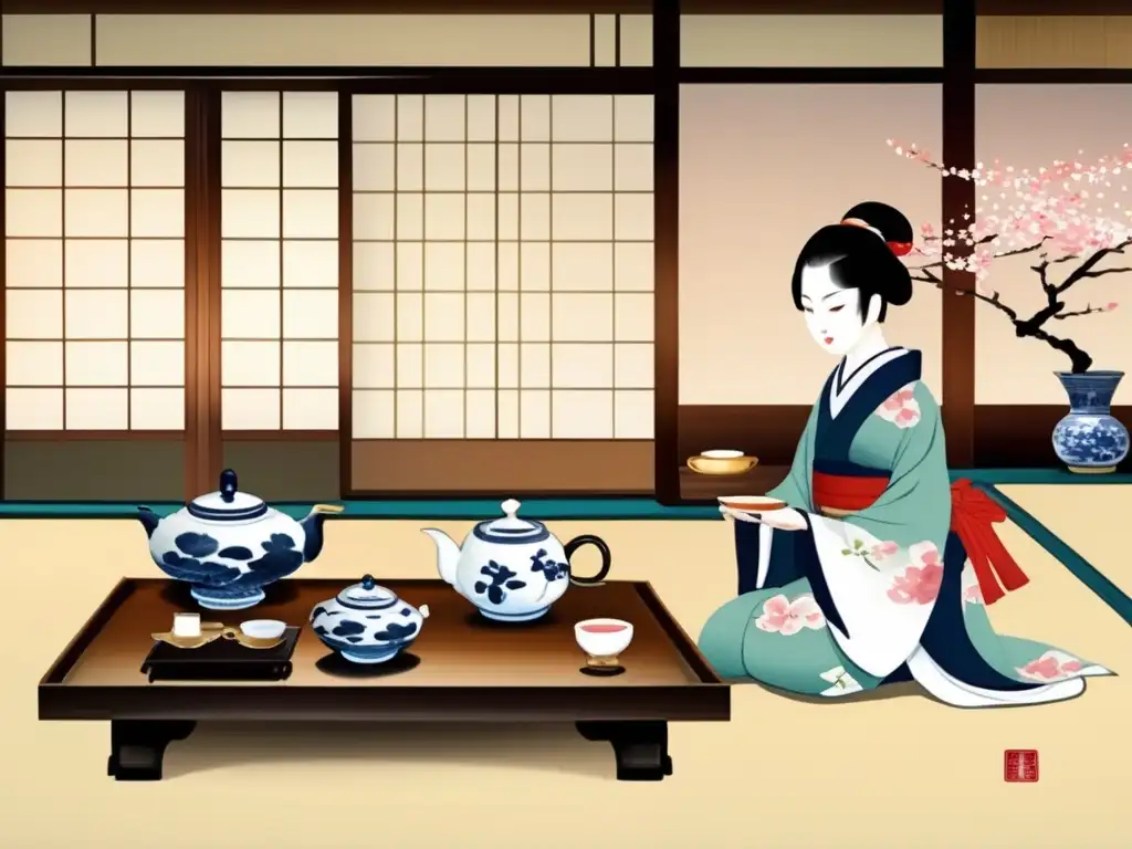 Pintura acuarela de ceremonia del té japonesa en una habitación tradicional con elementos de sakura